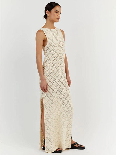 Ella Luxe Soft Knit Dress- Resortwear In Beige - side shot on model - Miss Mosa By Akanksha