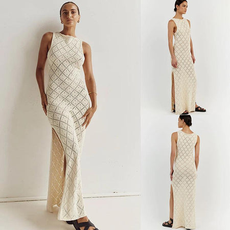 Ella Luxe Soft Knit Dress- Resortwear In Beige - front shot on model with side angles - Miss Mosa By Akanksha