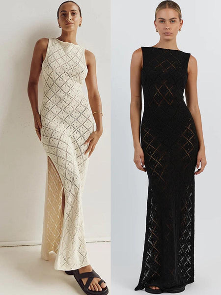 Ella Luxe Soft Knit Dress- Resortwear In Beige - front shot on two models - Miss Mosa By Akanksha
