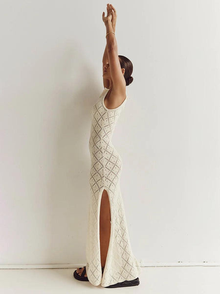 Ella Luxe Soft Knit Dress- Resortwear In Beige - back shot on model indoors - Miss Mosa By Akanksha