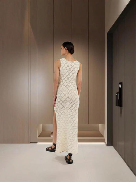 Ella Luxe Soft Knit Dress- Resortwear In Beige - side shot on model with arms raised - Miss Mosa By Akanksha