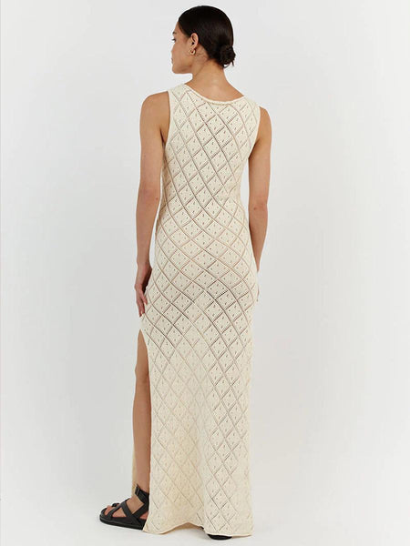Ella Luxe Soft Knit Dress- Resortwear In Beige - back shot on model - Miss Mosa By Akanksha