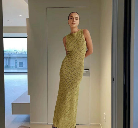 Ella Luxe Soft Knit Dress- Resortwear In Olive - front shot on model indoors - Miss Mosa By Akanksha