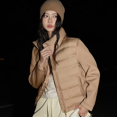 Elma Warm Winter Essential Puffer Jacket - front shot on model outdoors, tan - Miss Mosa By Akanksha
