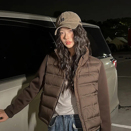 Elma Warm Winter Essential Puffer Jacket - front shot on model outdoors, brown - Miss Mosa By Akanksha