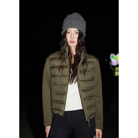 Elma Warm Winter Essential Puffer Jacket - front shot on model outdoors, olive green - Miss Mosa By Akanksha