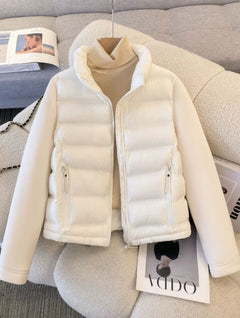 Elma Warm Winter Essential Puffer Jacket - front shot on hanger, cream - Miss Mosa By Akanksha