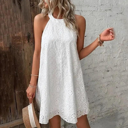 Elode Cotton Eyelet Summer Dress - front shot on model outdoors, white - Miss Mosa By Akanksha