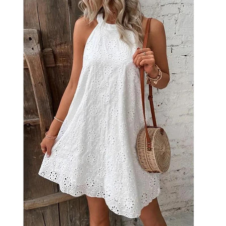 Elode Cotton Eyelet Summer Dress - front shot on model outdoors, white - Miss Mosa By Akanksha