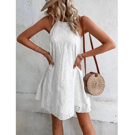 Elode Cotton Eyelet Summer Dress - front shot on model outdoors, white - Miss Mosa By Akanksha