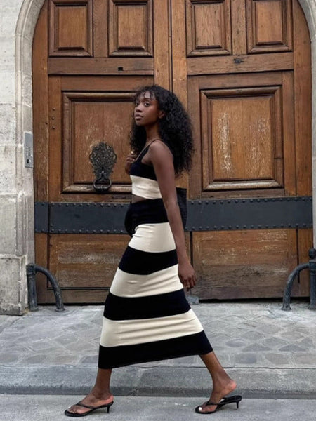 Elodie Luxe Stripe Coord Skirt Set - side shot, black and cream stripe - Miss Mosa By Akanksha