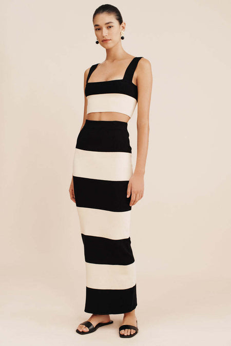 Elodie Luxe Stripe Coord Skirt Set - full-length front shot, black and cream stripe - Miss Mosa By Akanksha