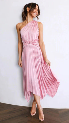 Elodie Luxury Dress - full-length shot on model, pink - Miss Mosa By Akanksha
