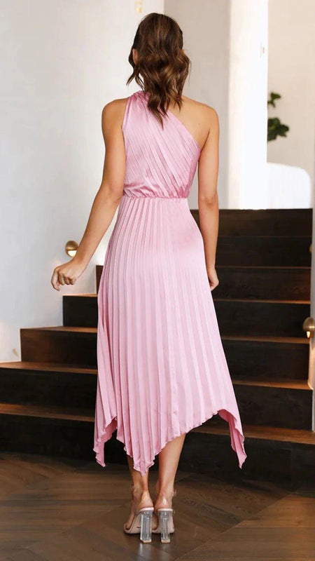 Elodie Luxury Dress - back shot on model, pink - Miss Mosa By Akanksha