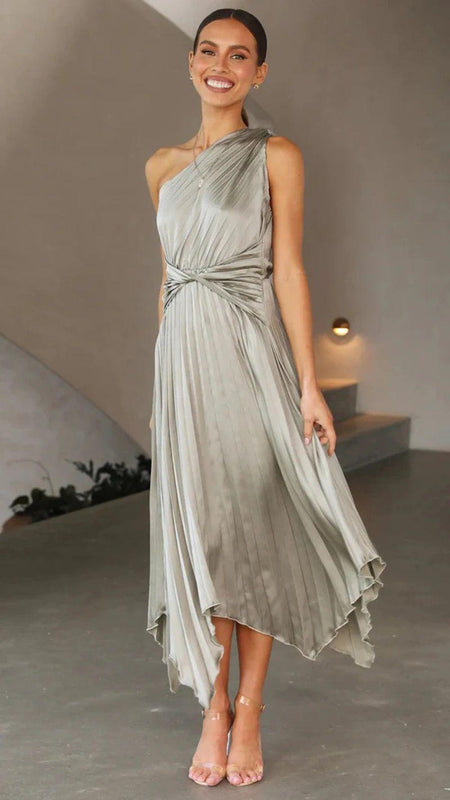 Elodie Luxury Dress - front shot on model, sage green - Miss Mosa By Akanksha