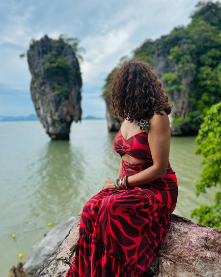 Elodie Printed Swimsuit With Skirt - back shot, red and burgundy print - Miss Mosa By Akanksha