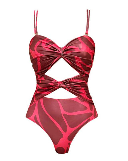 Elodie Printed Swimsuit With Skirt - flat-lay shot, red and burgundy print - Miss Mosa By Akanksha