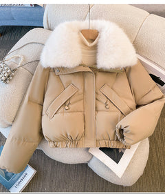 Eloise Warm Fur Puffer Jacket - flat-lay product shot, beige - Miss Mosa By Akanksha