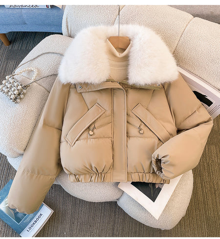 Eloise Warm Fur Puffer Jacket - flat-lay product shot, beige - Miss Mosa By Akanksha
