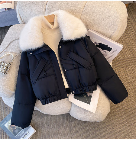 Eloise Warm Fur Puffer Jacket - flat-lay product shot, navy blue - Miss Mosa By Akanksha