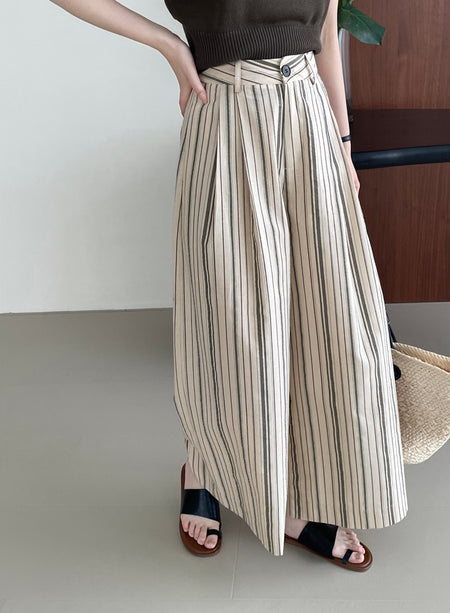 Elon Statement Striped Pants In Beige - side shot on model - Miss Mosa By Akanksha