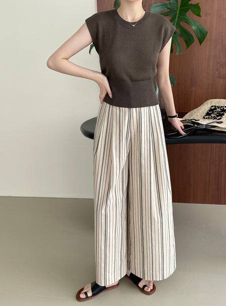Elon Statement Striped Pants In Beige - full-length front shot on model - Miss Mosa By Akanksha