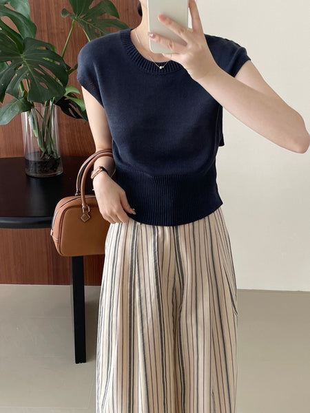 Elon Statement Striped Pants In Beige - front shot on model with navy top - Miss Mosa By Akanksha