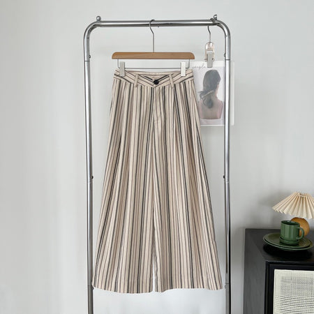Elon Statement Striped Pants In Beige - flat-lay product shot on hanger rack - Miss Mosa By Akanksha