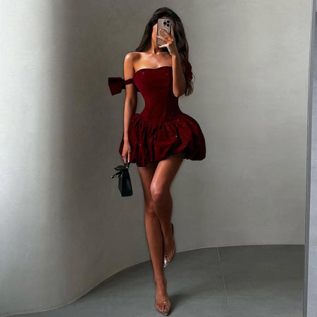 Elsa Shimmer Mini Flared Dress - full-length shot on model, burgundy red - Miss Mosa By Akanksha