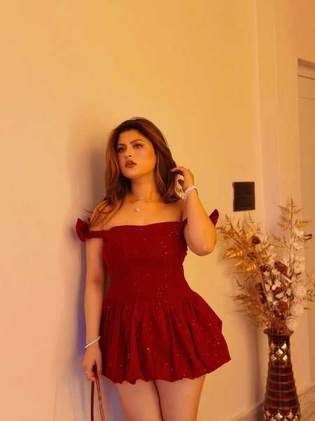 Elsa Shimmer Mini Flared Dress - full-length shot on model, burgundy red - Miss Mosa By Akanksha