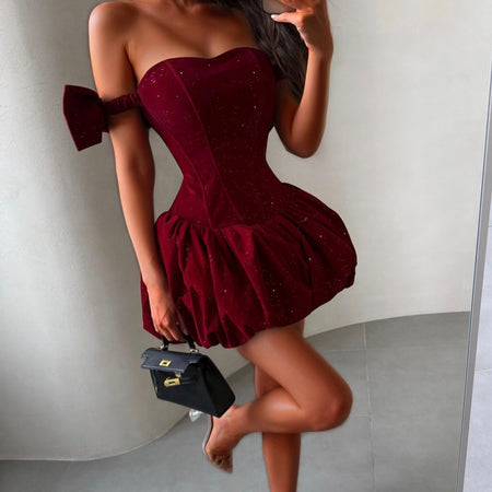 Elsa Shimmer Mini Flared Dress - front shot on model, burgundy red - Miss Mosa By Akanksha