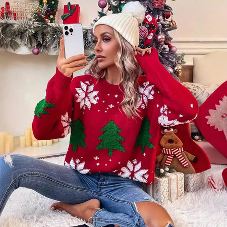 Elsie Cute Christmasy Sweater - seated shot on model, red - Miss Mosa By Akanksha