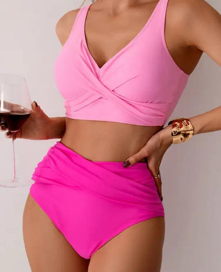 Ema Statement Summer Bikini In Pink - front shot on model of bikini set - Miss Mosa By Akanksha