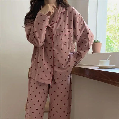Emani Heart Print Nightsuit - front shot on model, pink - Miss Mosa By Akanksha