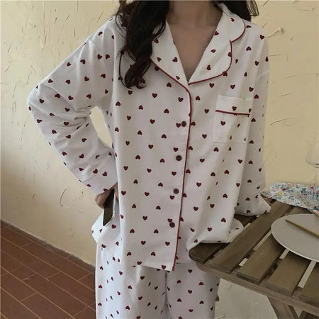 Emani Heart Print Nightsuit - full-length shot on model, white and maroon - Miss Mosa By Akanksha