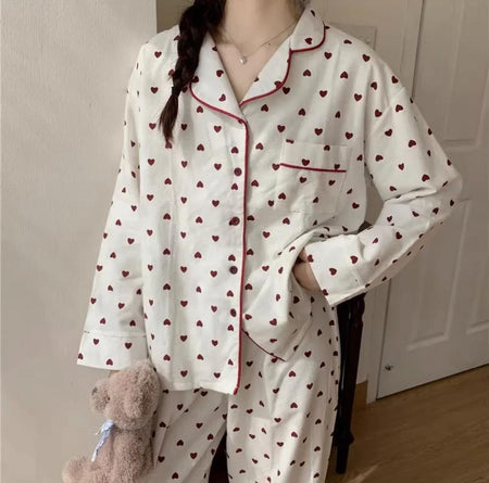 Emani Heart Print Nightsuit - front shot on model, white and maroon - Miss Mosa By Akanksha