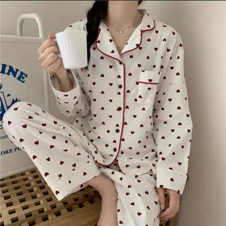 Emani Heart Print Nightsuit - front shot on model seated, white and maroon - Miss Mosa By Akanksha