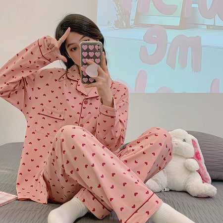Emani Heart Print Nightsuit In Peach - front shot on model seated - Miss Mosa By Akanksha