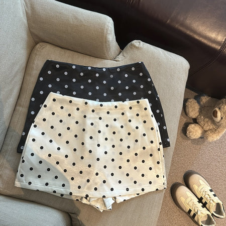 Embla Polka Skorts - flat-lay group shot, black and white polka dot - Miss Mosa By Akanksha