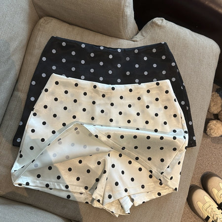 Embla Polka Skorts - flat-lay group shot, black and white polka dot - Miss Mosa By Akanksha