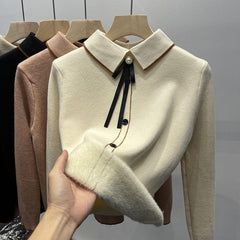 Emeka Fleece Lined Bow Sweater - front shot product shot, off-white - Miss Mosa By Akanksha
