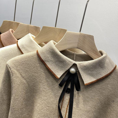 Emeka Fleece Lined Bow Sweater - close-up of collar detail, beige - Miss Mosa By Akanksha