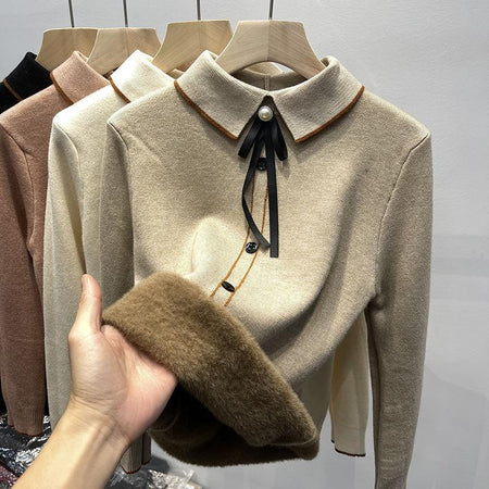 Emeka Fleece Lined Bow Sweater - front shot product shot, beige - Miss Mosa By Akanksha