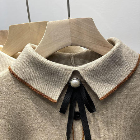 Emeka Fleece Lined Bow Sweater - close-up of collar detail, beige - Miss Mosa By Akanksha