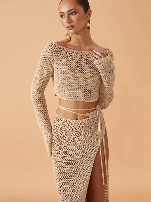 Emena Crochet Coord Set In Beige