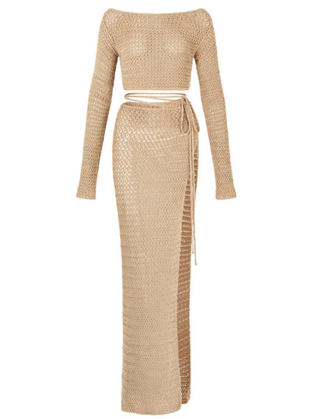Emena Crochet Coord Set In Beige - flat-lay shot of coord set - Miss Mosa By Akanksha