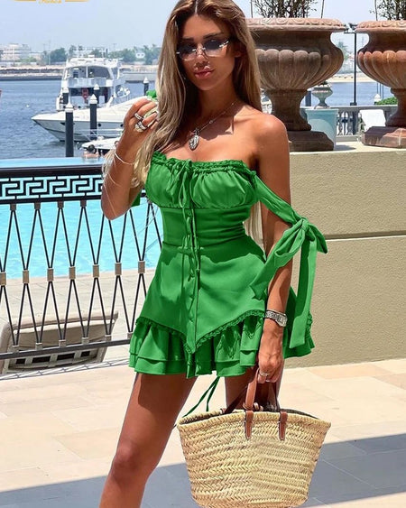 Emera Floral Summer Dress In Green - front styling shot on model outdoors - Miss Mosa By Akanksha