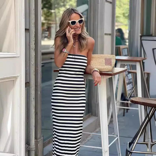 Emery Striped Offshoulder Dress In Black