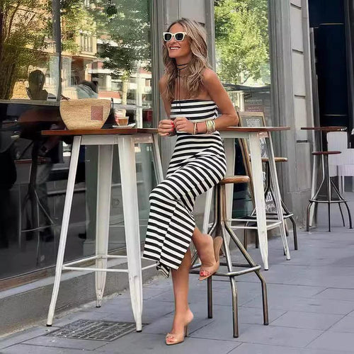 Emery Striped Offshoulder Dress In Black