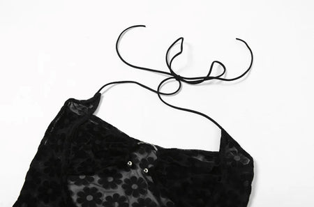 Emilia Statement Bodycon Mesh Dress In Black - close-up of neckline and halter ties - Miss Mosa By Akanksha